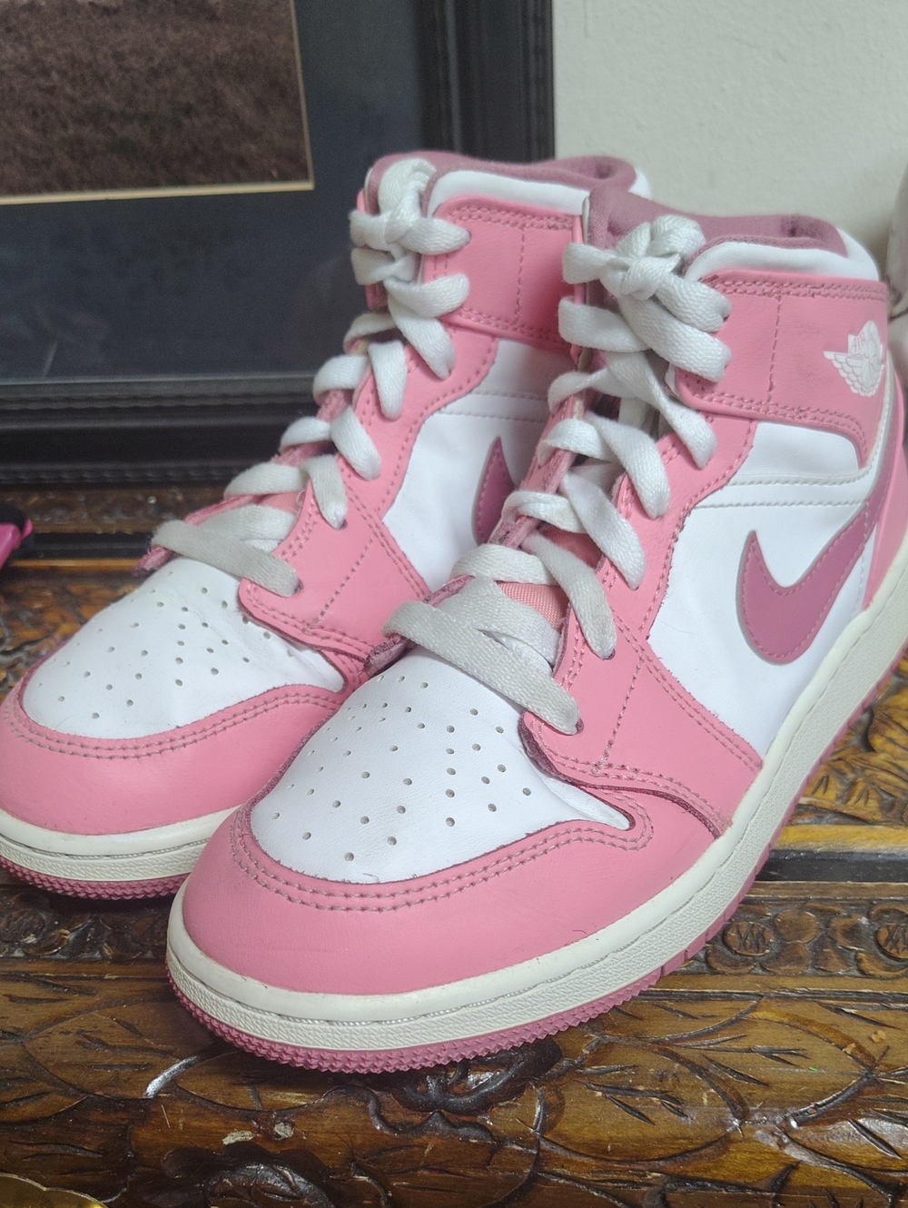 Nike Jordans Pink and White High-Top Sneakers with Pink Swoosh